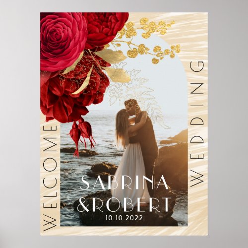 Modern Arch Photo Burgundy Floral Welcome Wedding Poster