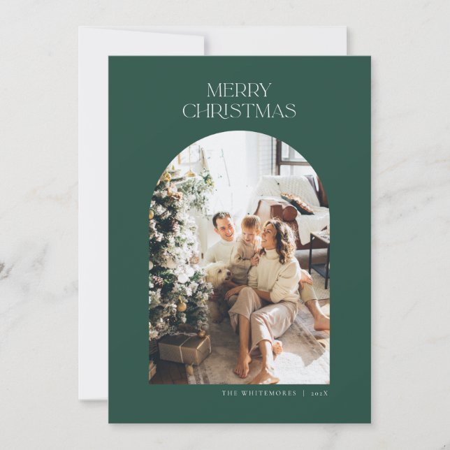 Modern Arch Photo Christmas Card in Green (Front)