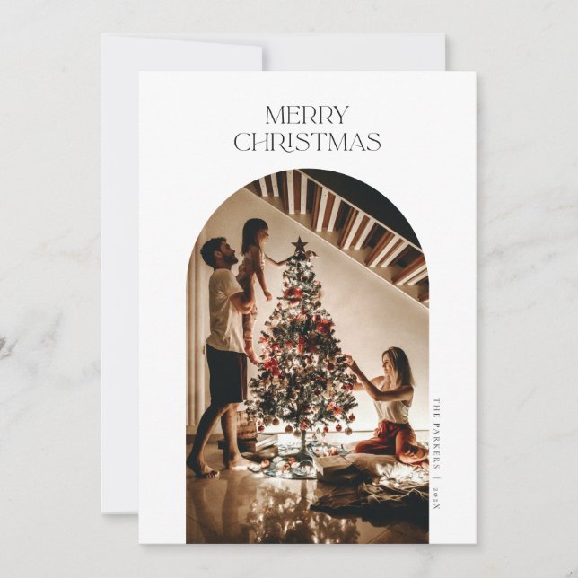 Modern Arch Photo Christmas Card in White (Front)