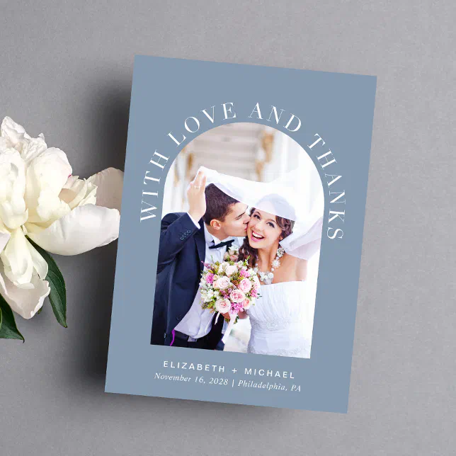 Modern Arch Photo Dusty Blue Wedding Thank You Card | Zazzle