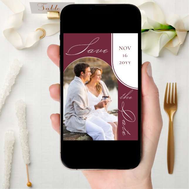 Modern Arch Photo Elegant Calligraphy Burgundy Save The Date (Front Digital)