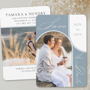 Modern Arch Photo Elegant Calligraphy Dusty Blue Save The Date
