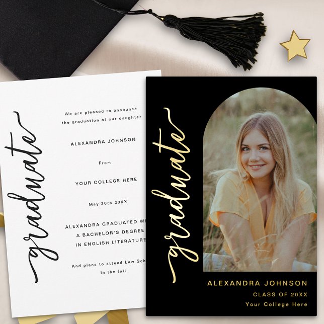Modern Arch Photo Elegant Gold Script Graduation  Foil Invitation (Modern trendy photo arch graduation announcement card elegant chic black and gold foil script)