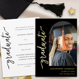 Modern Arch Photo Elegant Gold Script Graduation Foil Invitation