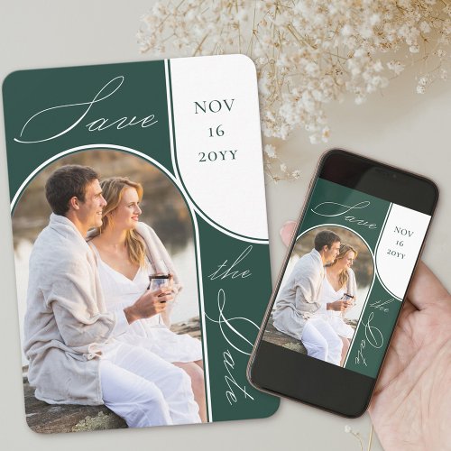 Modern Arch Photo Elegant Script Emerald Green Save The Date