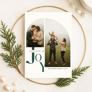 Modern Arch Photo Family Green Script Christmas Holiday Card