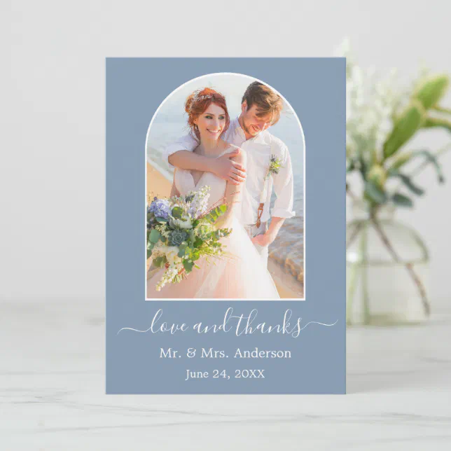 Modern Arch Photo Frame Dusty Blue Wedding Thank You Card | Zazzle