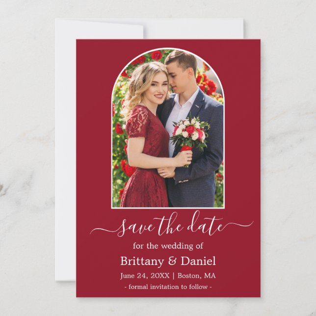 Modern Arch Photo Frame Red Save The Date (Front)
