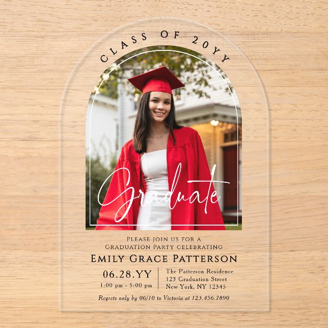 Modern Arch Photo Graduate Script Graduation Party Acrylic Invitations (Front)