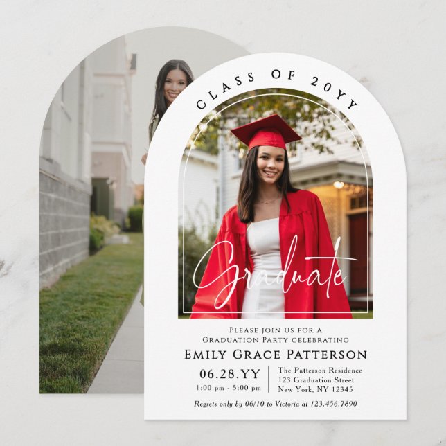 Modern Arch Photo Graduate Script Graduation Party Invitation (Front/Back)