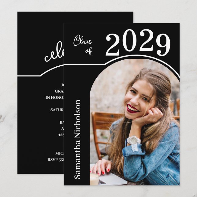 Modern Arch Photo Graduation Black Invitation (Front/Back)