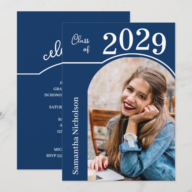 Modern Arch Photo Graduation Blue Invitation (Front/Back)