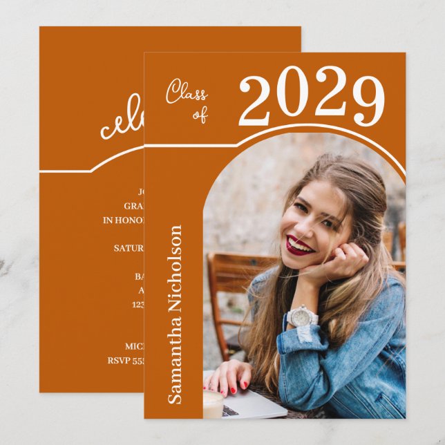 Modern Arch Photo Graduation Burnt Orange Invitation (Front/Back)