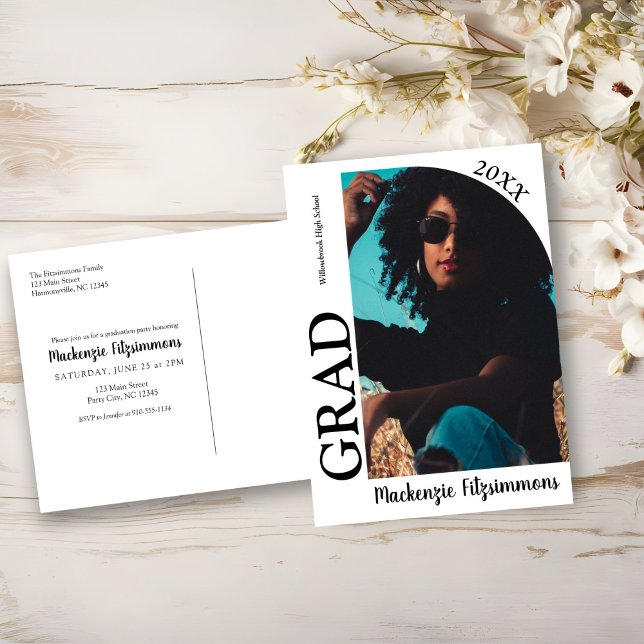 Modern Arch Photo Graduation Invitation Postcard (White Modern Arch Photo Graduation Invitation Postcard)