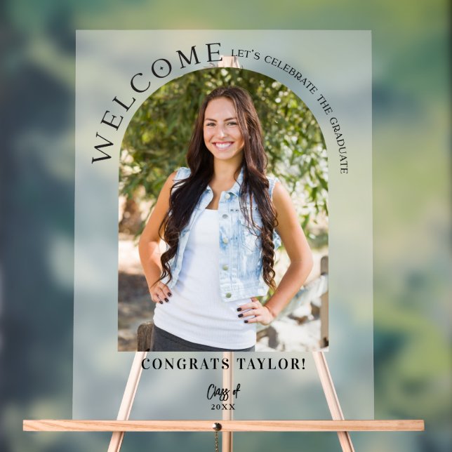 Modern Arch Photo Graduation Party Welcome Frosted Acrylic Sign (Neutral)