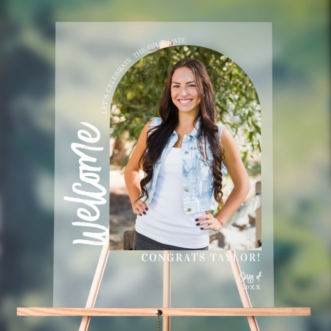 Modern Arch Photo Graduation Party Welcome Frosted Acrylic Sign (Neutral)