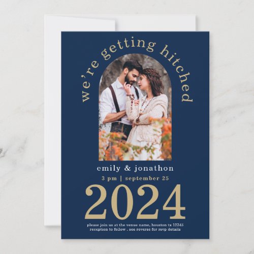 Modern Arch Photo Navy Gold Wedding  Save The Date Invitation