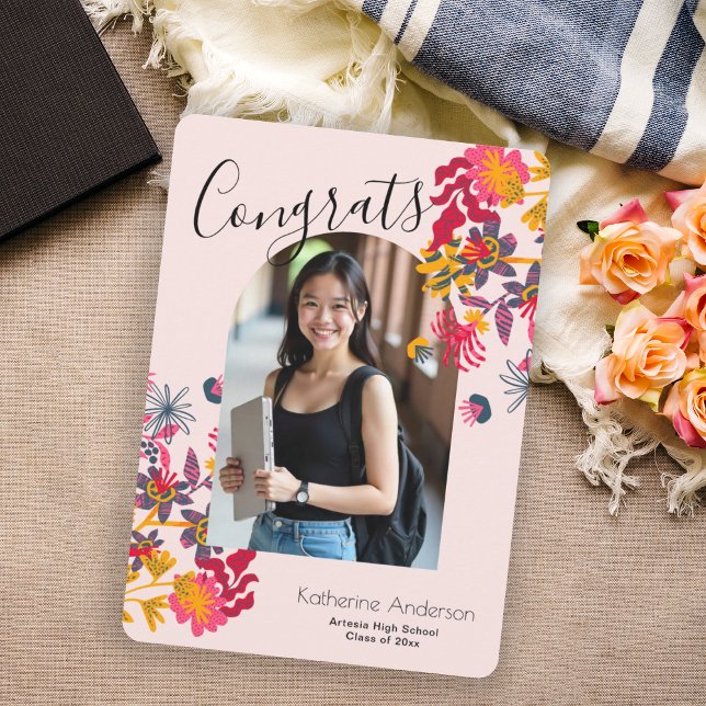 Modern Arch Photo Pink Floral Graduation  Announcement (Creator Uploaded)