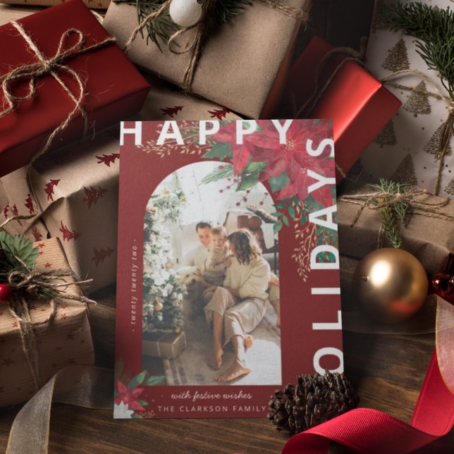 Modern Arch Photo Poinsietta Floral Christmas Holiday Card (Creator Uploaded)