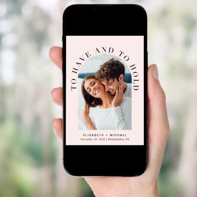 Modern Arch Photo QR Code All In One Pink Wedding Invitation (Front Digital)