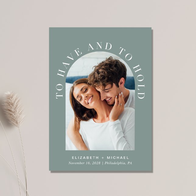 Modern Arch Photo QR Code Sage Green Wedding Invitation (Celebrate your love story with an invitation showcasing your favorite photo in an elegant arch frame)