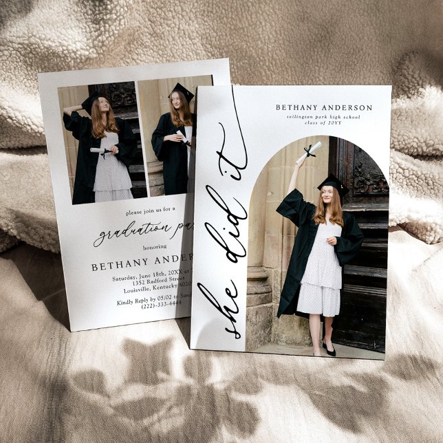 Modern Arch Photo She Did It Graduation Invitation (Creator Uploaded)