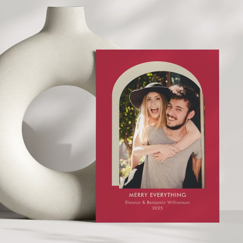 Modern Arch Photo Simple Red Merry Everything Holiday Card