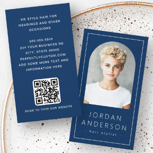 Modern arch photo thin border QR code dark blue Business Card