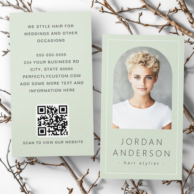 Modern arch photo thin border QR code light green  Business Card (Modern arch photo thin border QR code light green Business Card)