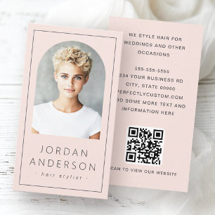 Modern arch photo thin border QR code light pink Business Card