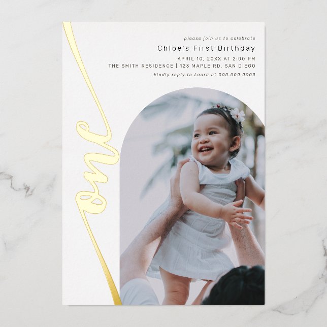 Modern Arch Photo Vertical Script 1st Birthday Foil Invitation (Front)