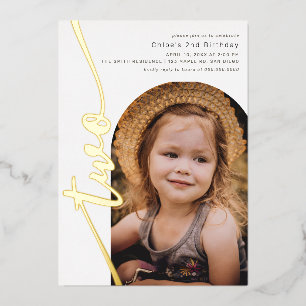 Modern Arch Photo Vertical Script 2nd Birthday Foil Invitation