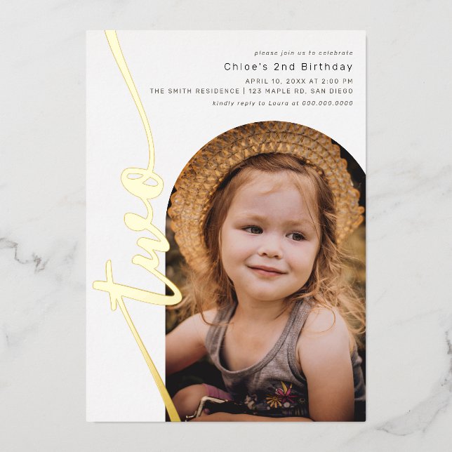 Modern Arch Photo Vertical Script 2nd Birthday Foil Invitation (Front)