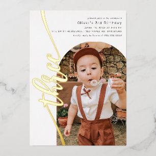 Modern Arch Photo Vertical Script 3rd Birthday Foil Invitation