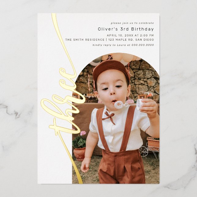 Modern Arch Photo Vertical Script 3rd Birthday Foil Invitation (Front)