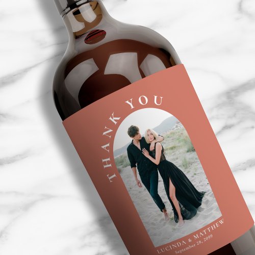 Modern Arch Photo Wedding Thank You Wine Label