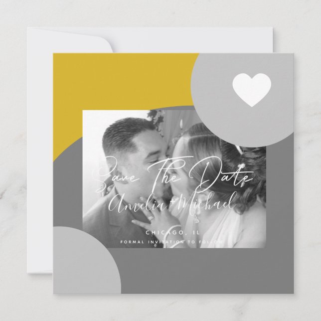 Modern Arch Photo Yellow Gray Save the Date Card (Front)
