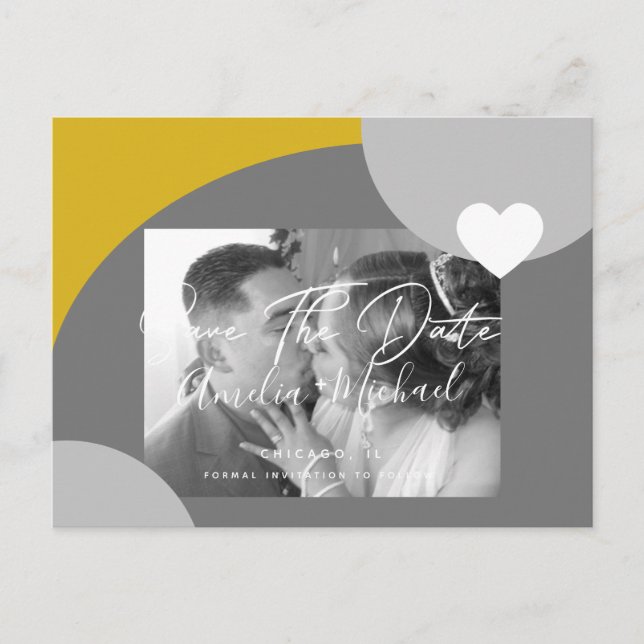 Modern Arch Photo Yellow Gray Save the Date Postcard (Front)