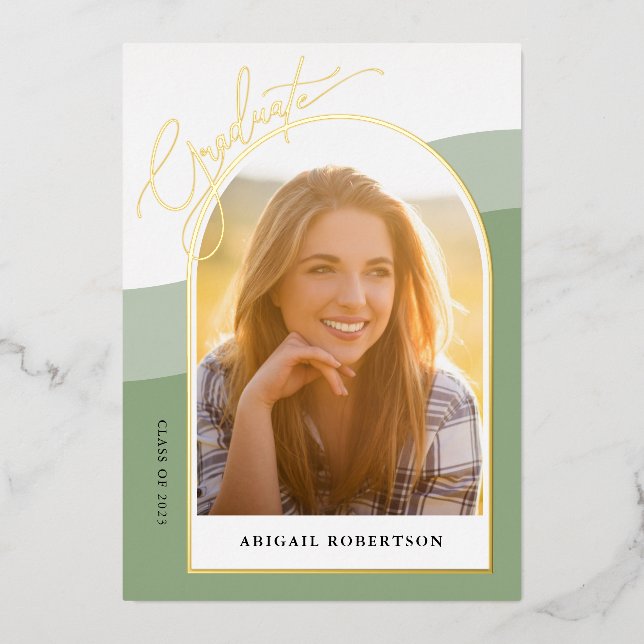 Modern Arch Photos Sage Graduation Gold Foil Invitation (Front)