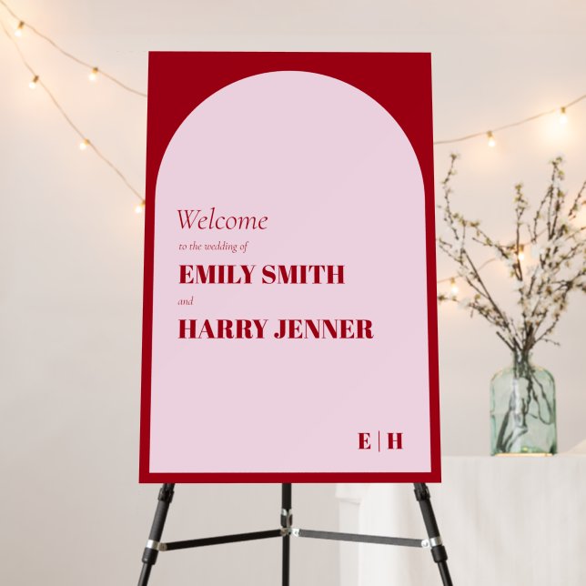 Modern Arch Pink and Red Wedding Welcome Sign (In Situ (Stand))