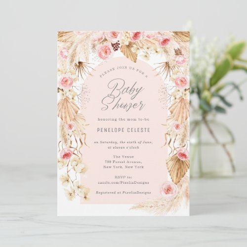 Modern Arch pink boho floral Pampas Baby shower Invitation