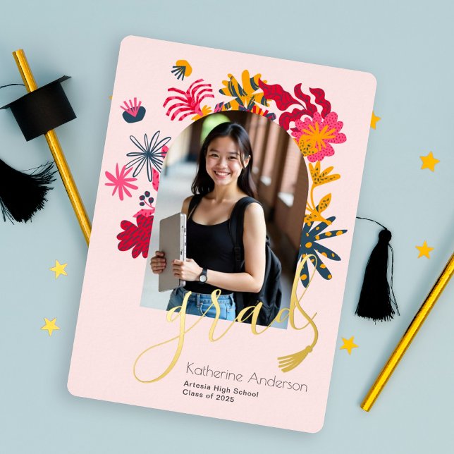 Modern Arch Pink Floral Photo Graduation Party  Foil Invitation (Creator Uploaded)