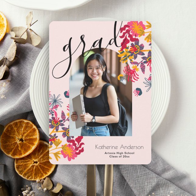 Modern Arch Pink Floral Photo Graduation Party Invitation (Creator Uploaded)