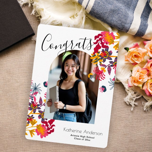 Modern Arch Pink Floral Photo White Graduation  Announcement (Creator Uploaded)