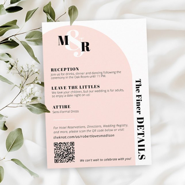 Modern Arch Pink Monogram Wedding Details Card (Blush pink black and white ampersand monogram arch wedding invitation The Finer Details Card QR Code)
