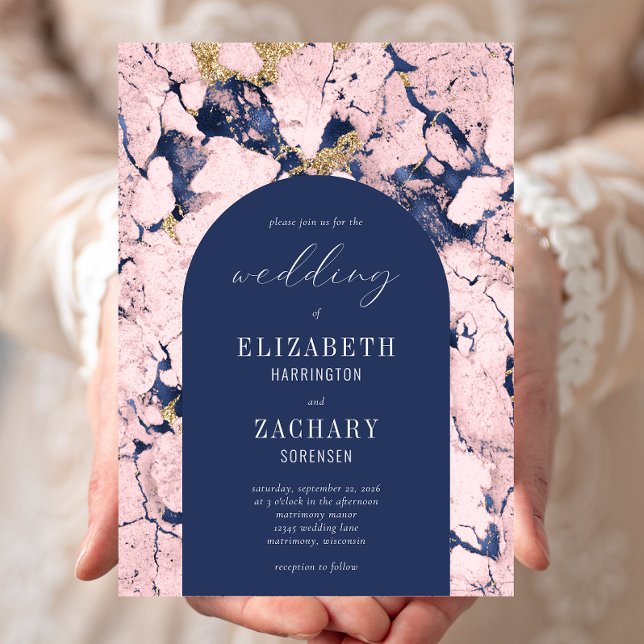 Modern Arch Pink Navy Blue Marble Wedding Invitation (Creator Uploaded)