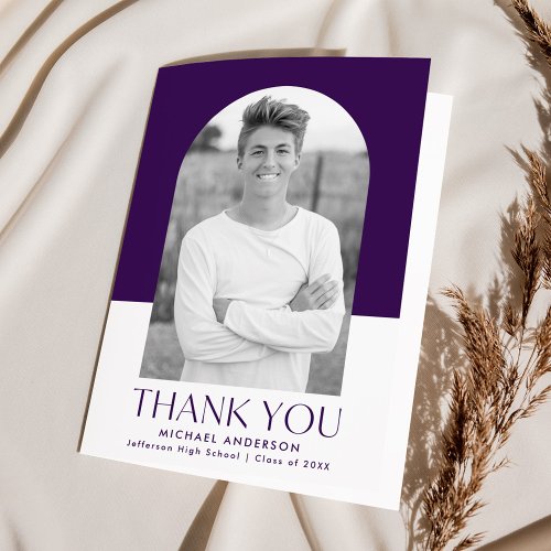 Modern Arch Purple Color Block Photo Graduation Thank You Card