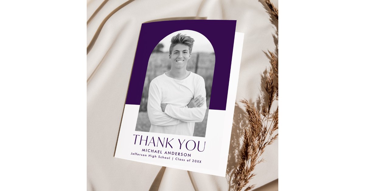 Modern Arch Purple Color Block Photo Graduation Thank You Card | Zazzle