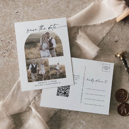 Modern Arch QR Code Photo Collage Save the Date Invitation Postcard