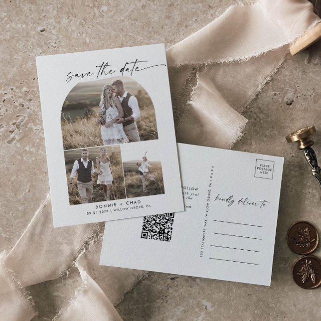 Modern Arch QR Code Photo Collage Save the Date Invitation Postcard (Creator Uploaded)